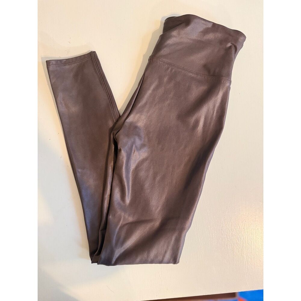 SPANX Faux Leather Leggings Large Gunmetal Gray Metallic High Rise